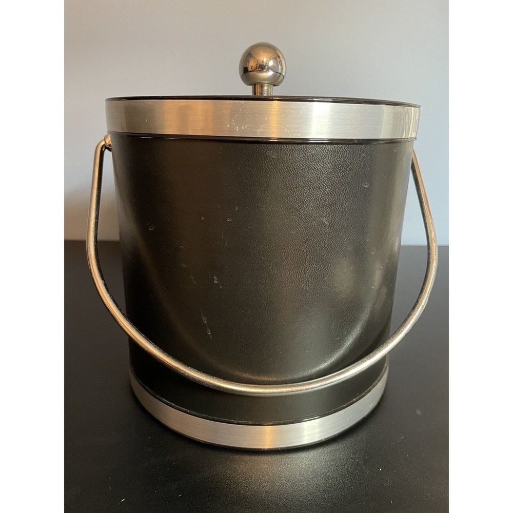 Kraftware Black Faux Leather Chrome Steel Ice Bucket Madmen Bar Cocktails